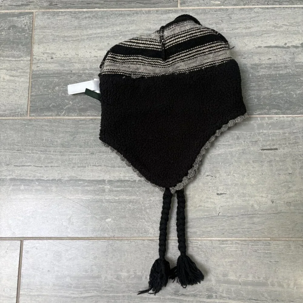 J.Crew Wool Knit Tassel Pom Pom Hat with Ear Flaps Black/Gray One Size
